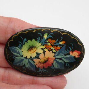 Vintage Russian Hand Painted Signed Black Lacquer Floral Brooch Pin